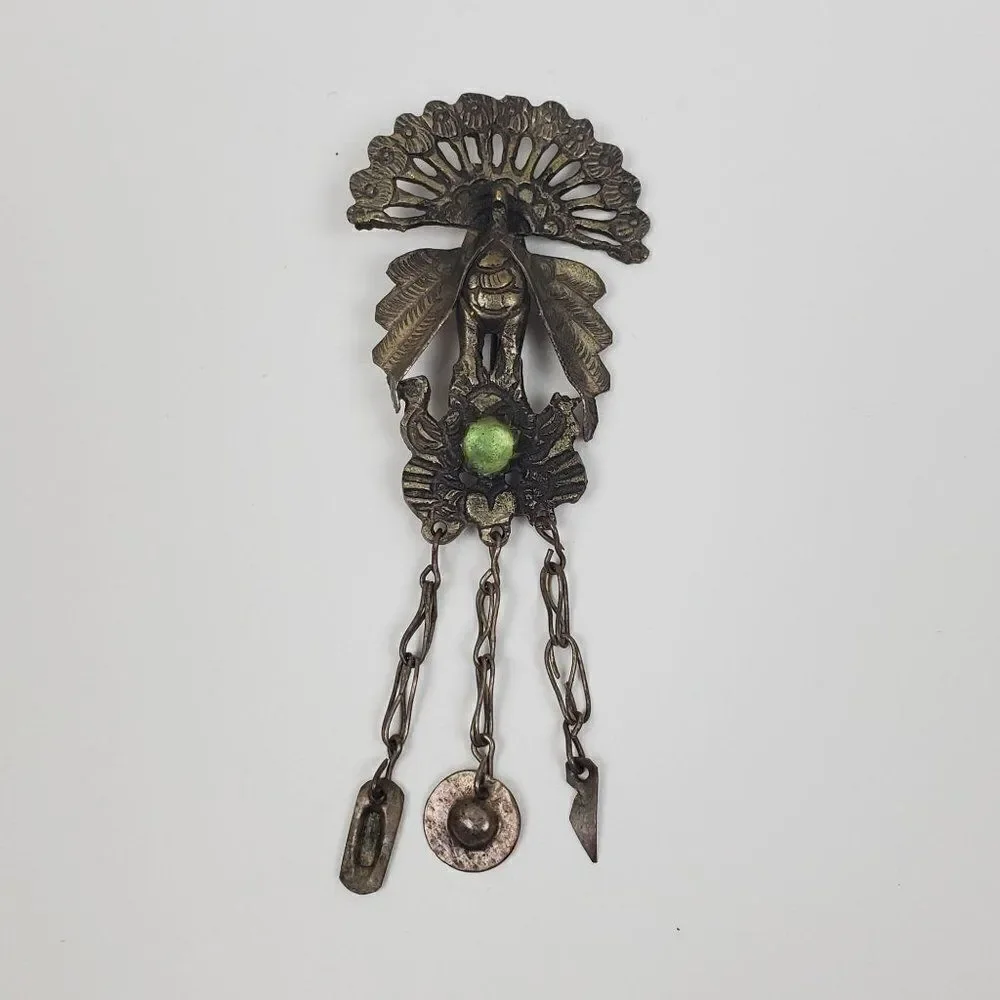 Vintage Antique Peruvian Peacock Tupo Tupu Shawl Brooch Pin Green Glass Cabochon